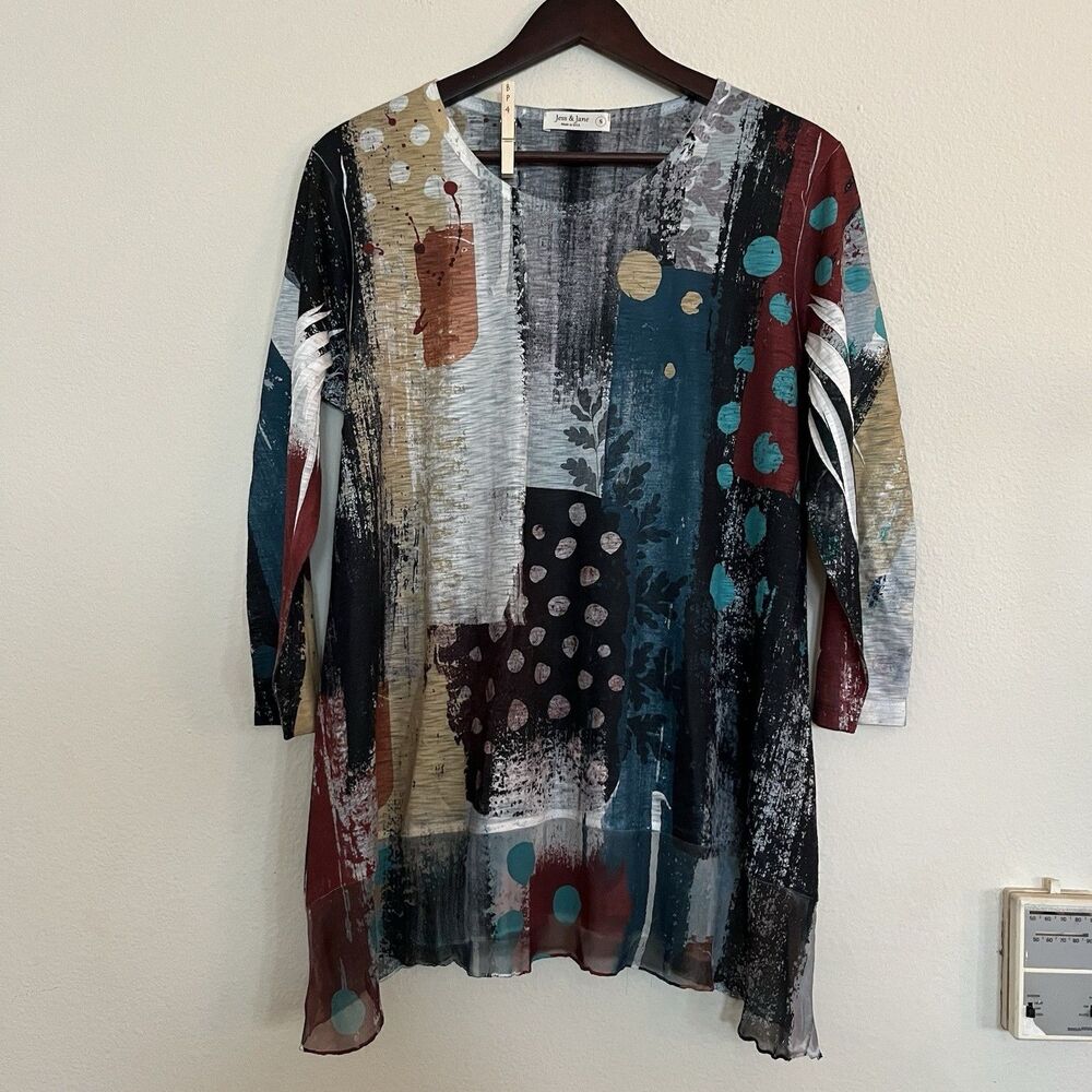 Jess & Jane Tundra Tunic 3/4 Sleeve bstract Artsy Chiffon Hem Top Blouse SZ S